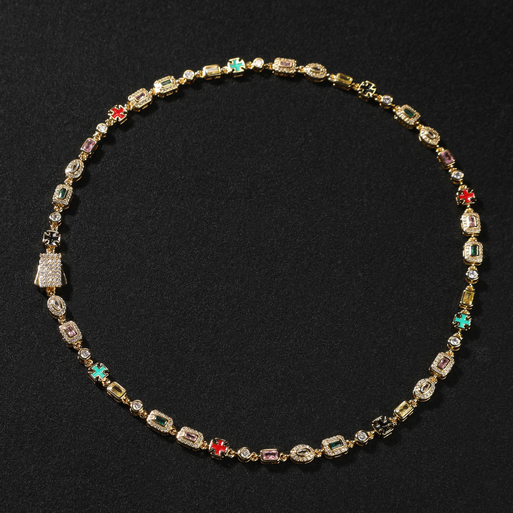 Colorful Gemstone Bracelet Unisex Hip-Hop Style Gold-Plated Copper Geometric Pattern Fashion Jewelry Inlaid Diamond Trendy Necklace Suitable For Men And Women