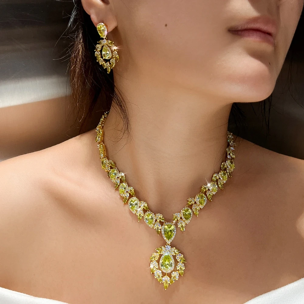 Luxury Olive Green CZ Zircon Big Leaf Necklace 2Pcs Sets For Women Dubai Gold Color Wedding Party Dress Jewelry