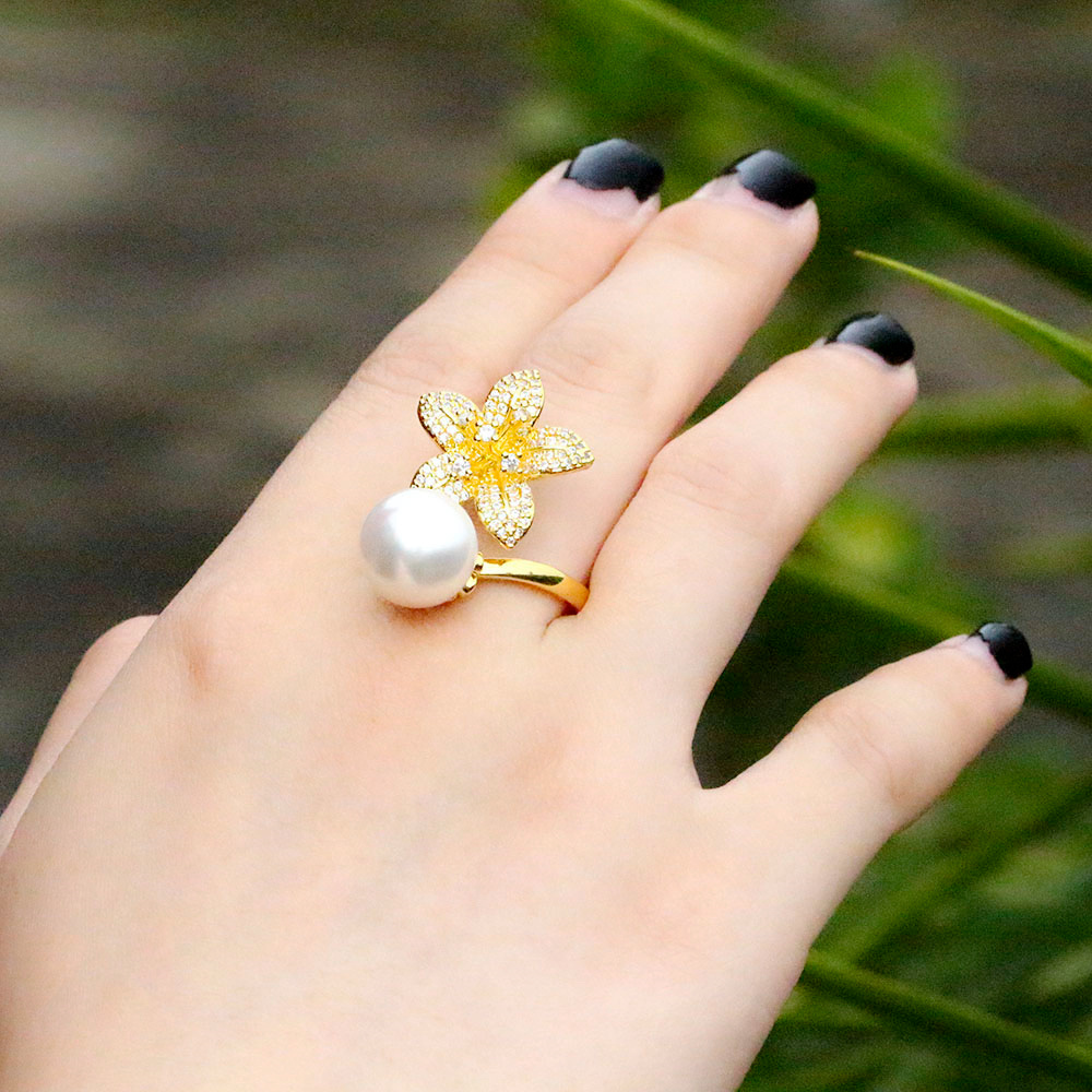 1 Piece Copper Section Open Ring Inlaid Cubic Zirconia Pearl Fashion Cute Ring Opening Adjustable Size Flower Shape Party Wedding Jewelry Suitable For Women Wedding Or Party Wear (Factory Wholesale)