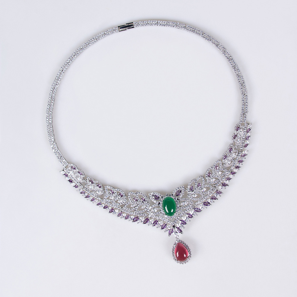 Exaggerated Necklace Set Fashion Jewelry Luxury Zirconium Stone Banquet Dress Accessories Direct Supply Floral Pattern Women
