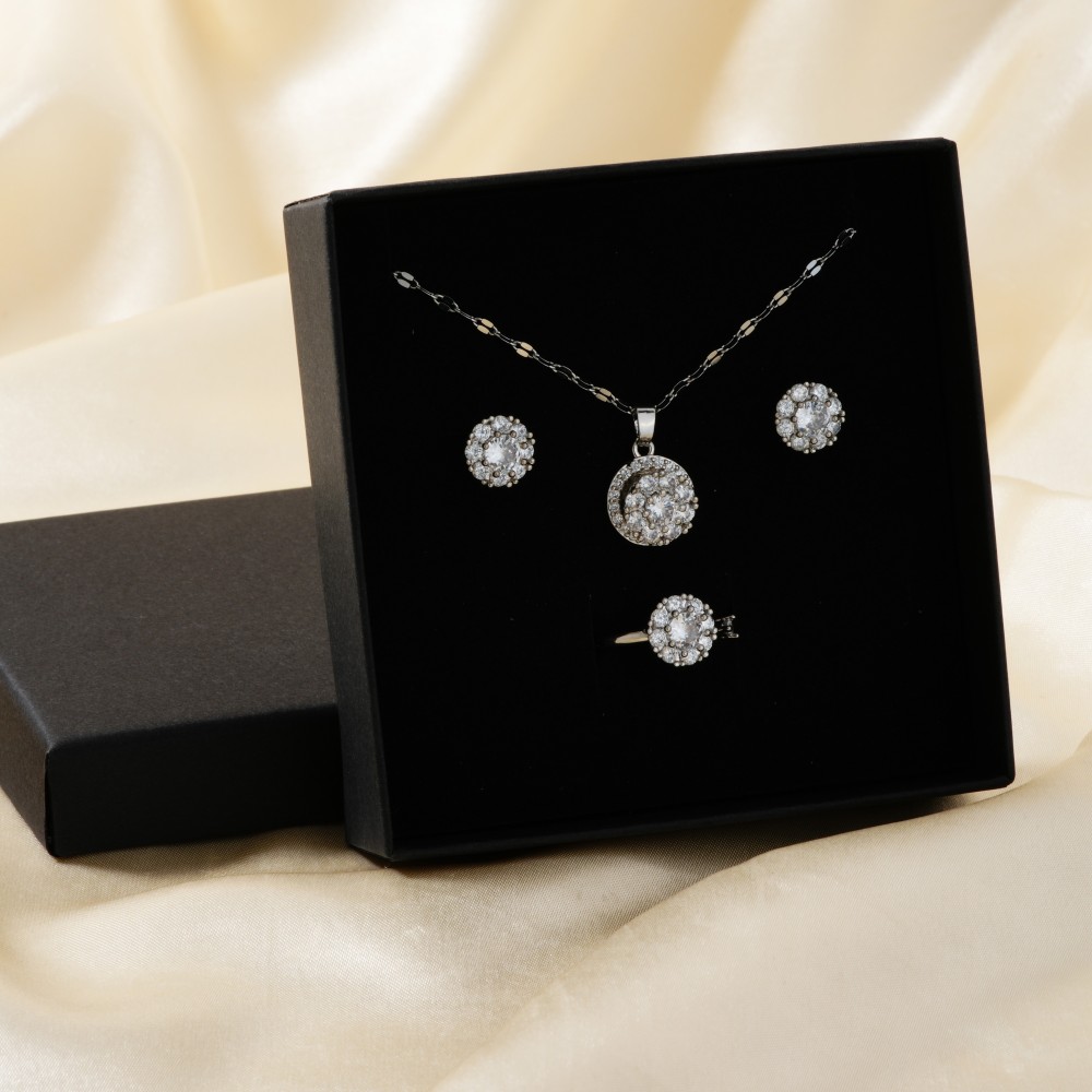 Copper Rhodium Plated Inlay Geometric Zircon Jewelry Set