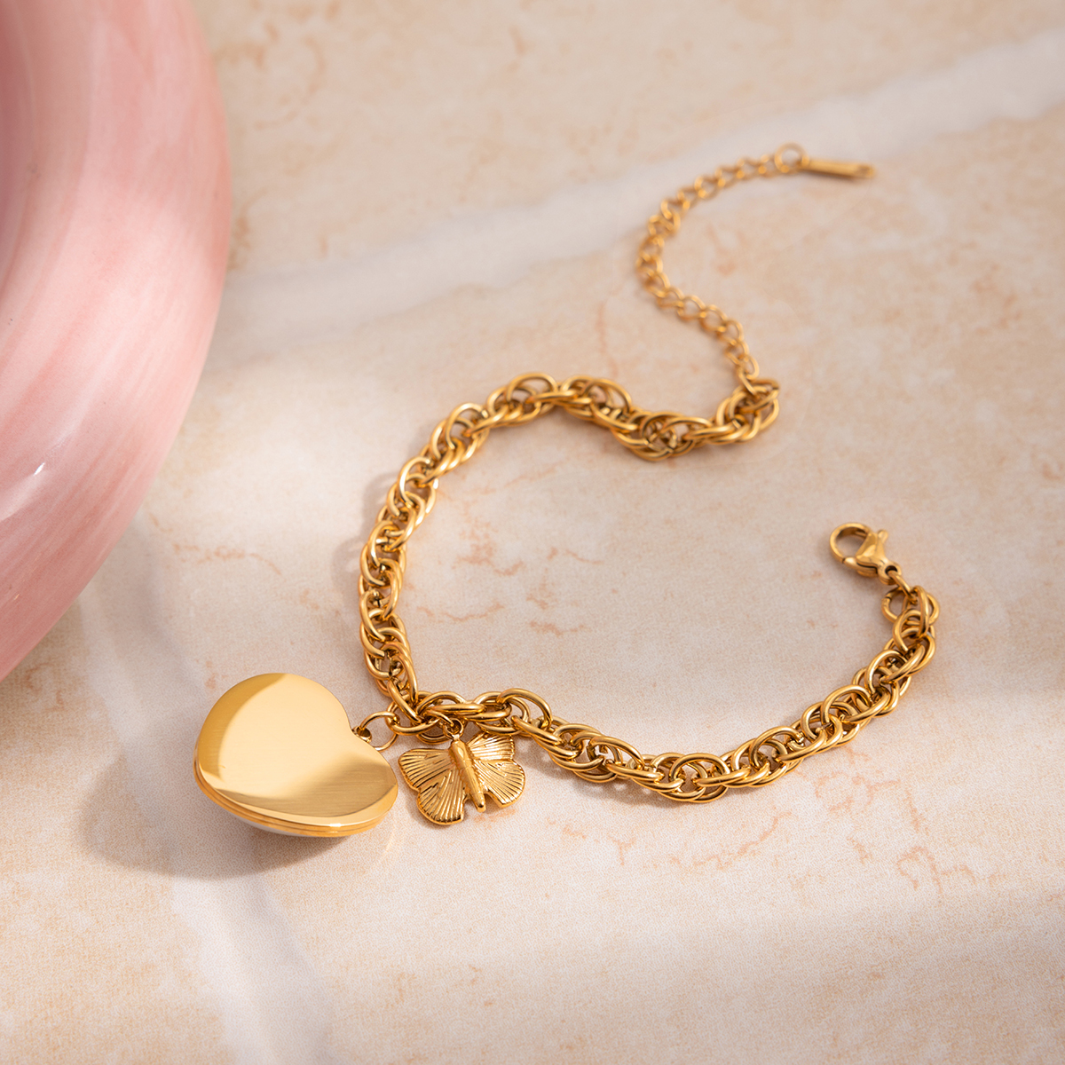 Women's Style - Elegant And Graceful / 18K Gold Stainless Steel + Imitation Shell Pearl / Heart Pearl + Butterfly Pendant Bracelet 17+5CM