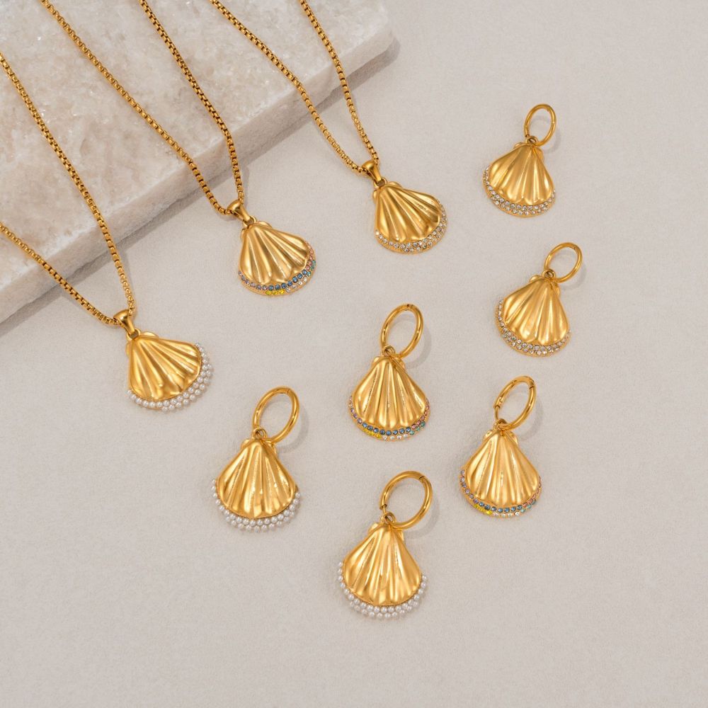 18K Gold Plated Titanium Steel Summer Ocean Style Pearl Earrings Necklace Set Women Casual Shell Craft Jewelry Accessories