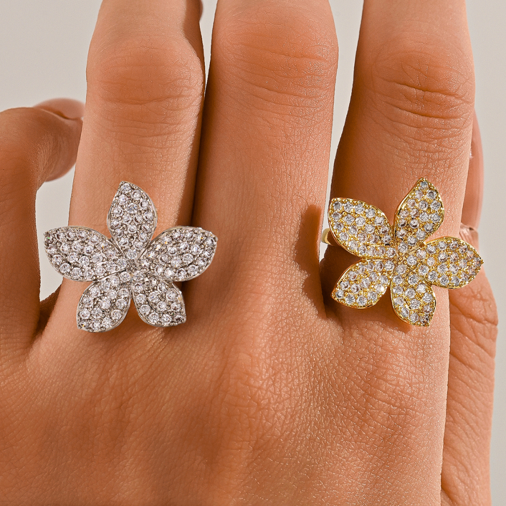 1 Piece Copper Inlaid Zircon Material Gorgeous Flower Shape Fashion Exquisite Ladies Ring Party Banquet Accessories Adult