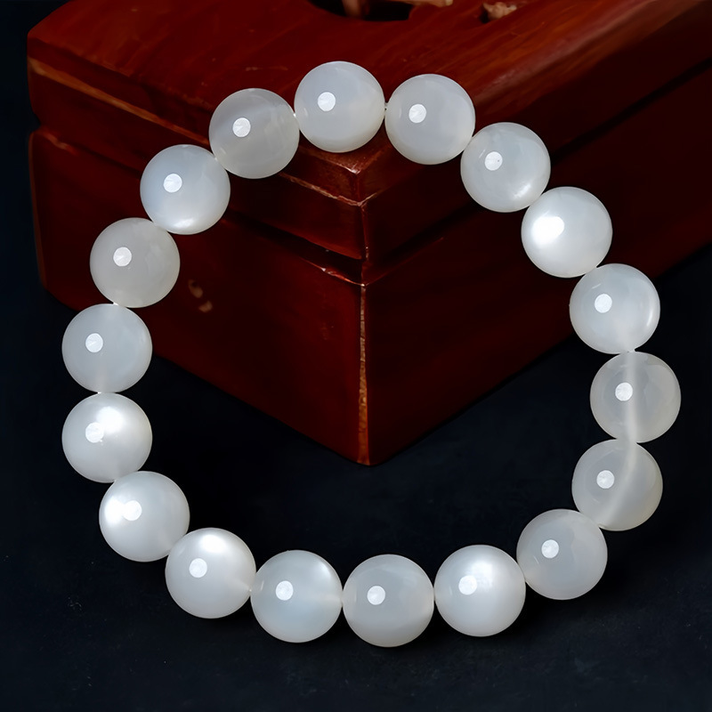 Natural White Moonstone Bracelet Strong Cat's Eye Body Transparent Crystal Gem Classic Round Bead Geometric Pattern Polished