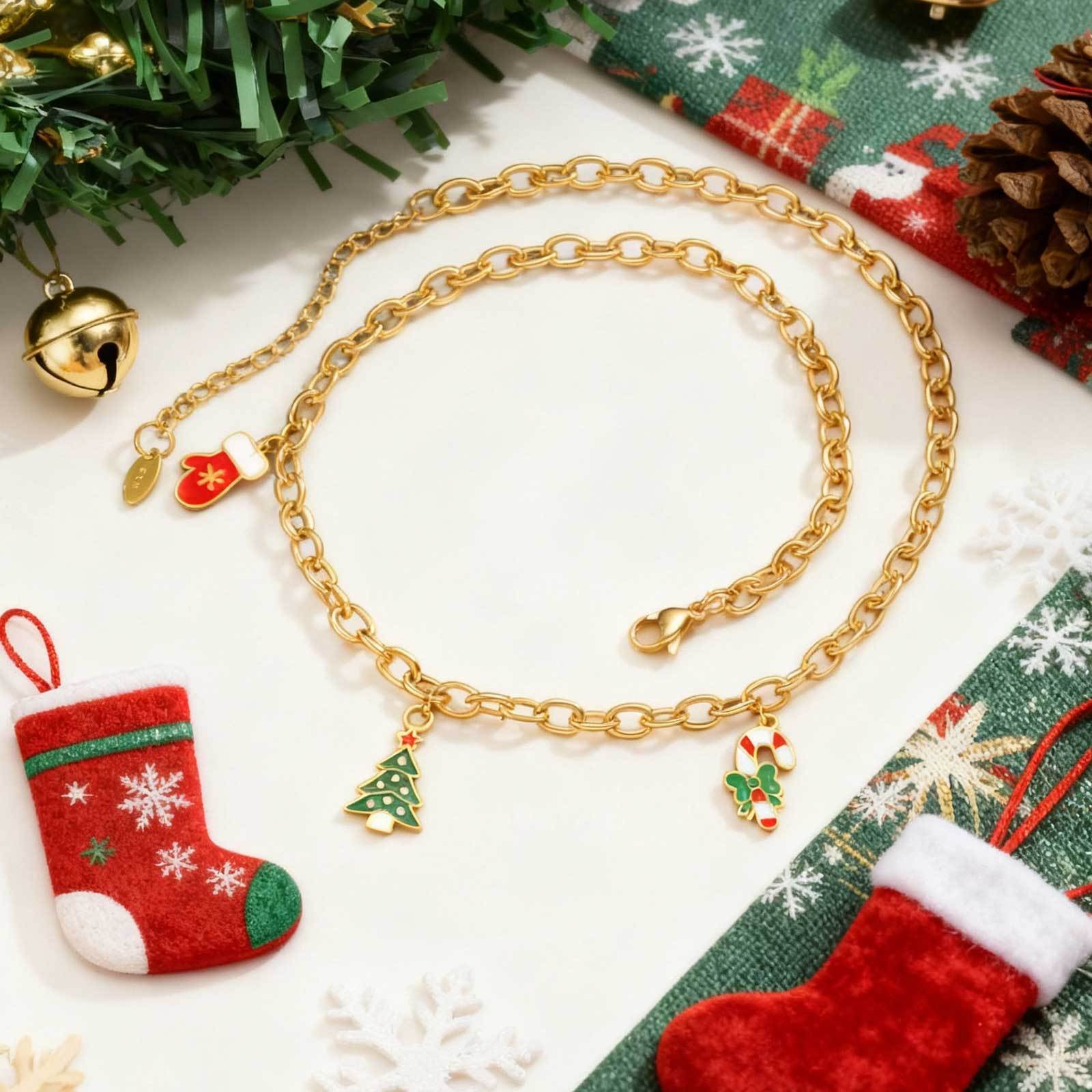 18K Gold Plated 201 Stainless Steel Round Cross Chain Santa Claus Christmas Tree Christmas Stocking Necklace Women's Jewelry Christmas Gift Lobster Clasp