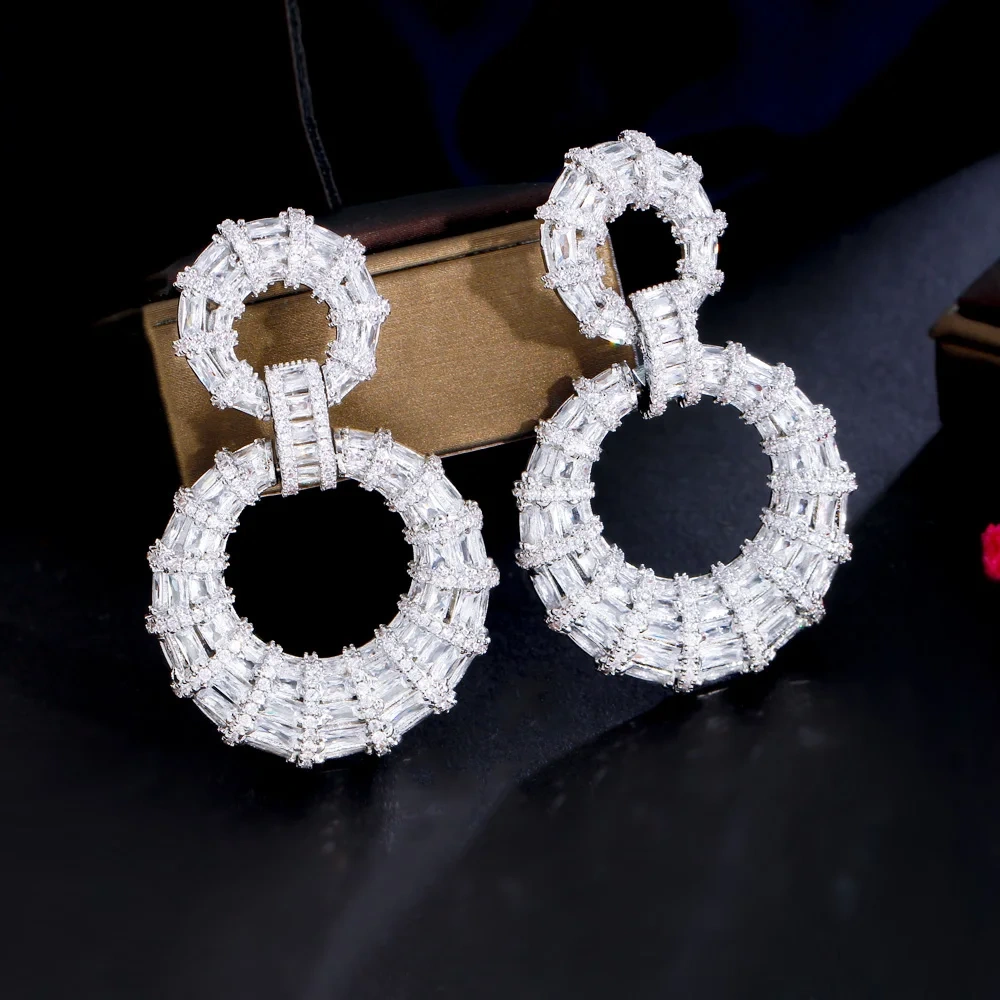 Copper Style Earrings Women Plated White Gold Thick Long Large Round Hoop Dangle Earrings Luxury Zircon Bridal Wedding Jewelry Accessories