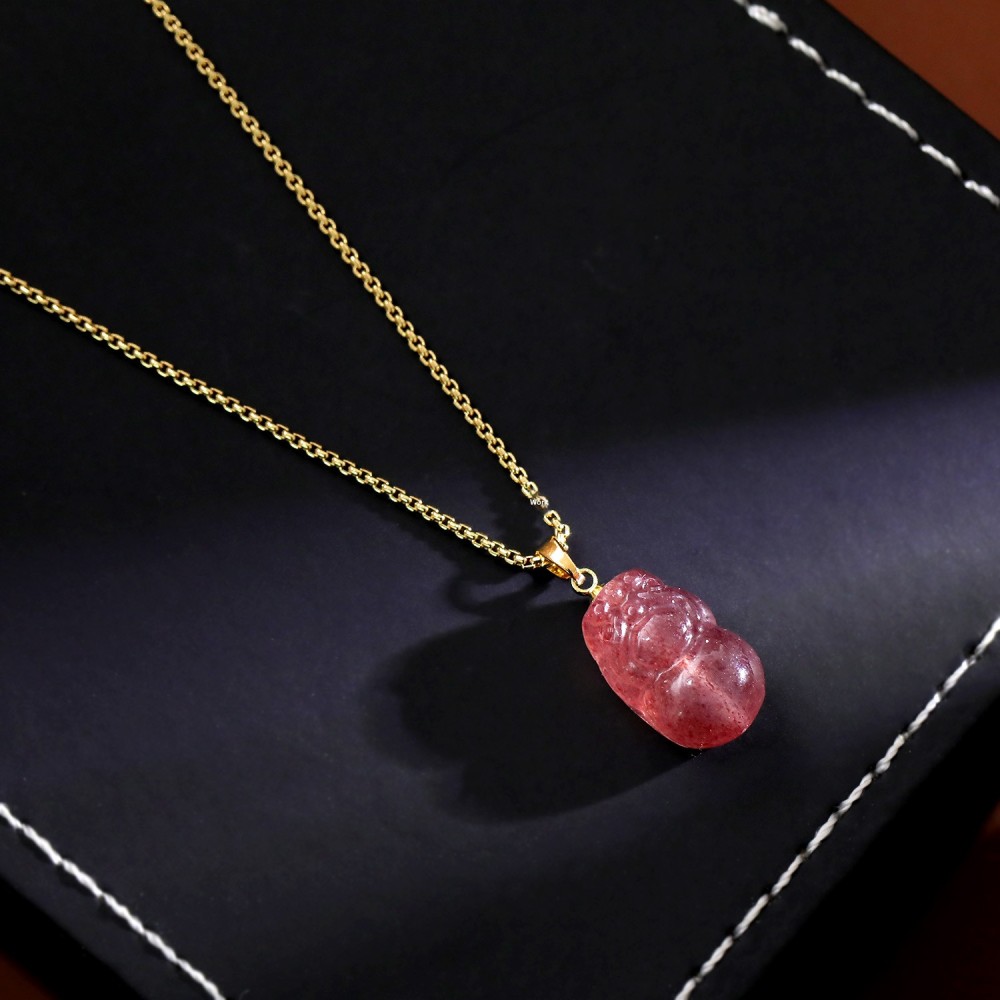 Trendy Accessories Sweater Chain Pink Strawberry Crystal Tassel Pendant Yellow Jade Necklace For Women