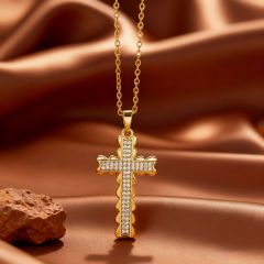 X0827 [Copper Pendant] Wave Cross Necklace - Gold