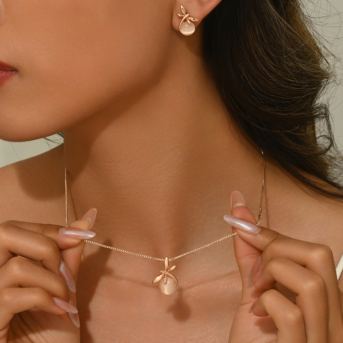 Handmade Cat Eye Stone Jewelry Set For Women Simple  Rose Gold Geometric Pattern Butterfly Inlaid Gemstone