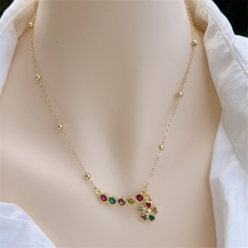 18K Gold Plated Handmade Double Pendant Flower Zircon Necklace Classic Simple Style Daily Wear Gift Copper Pendant Lobster Clasp