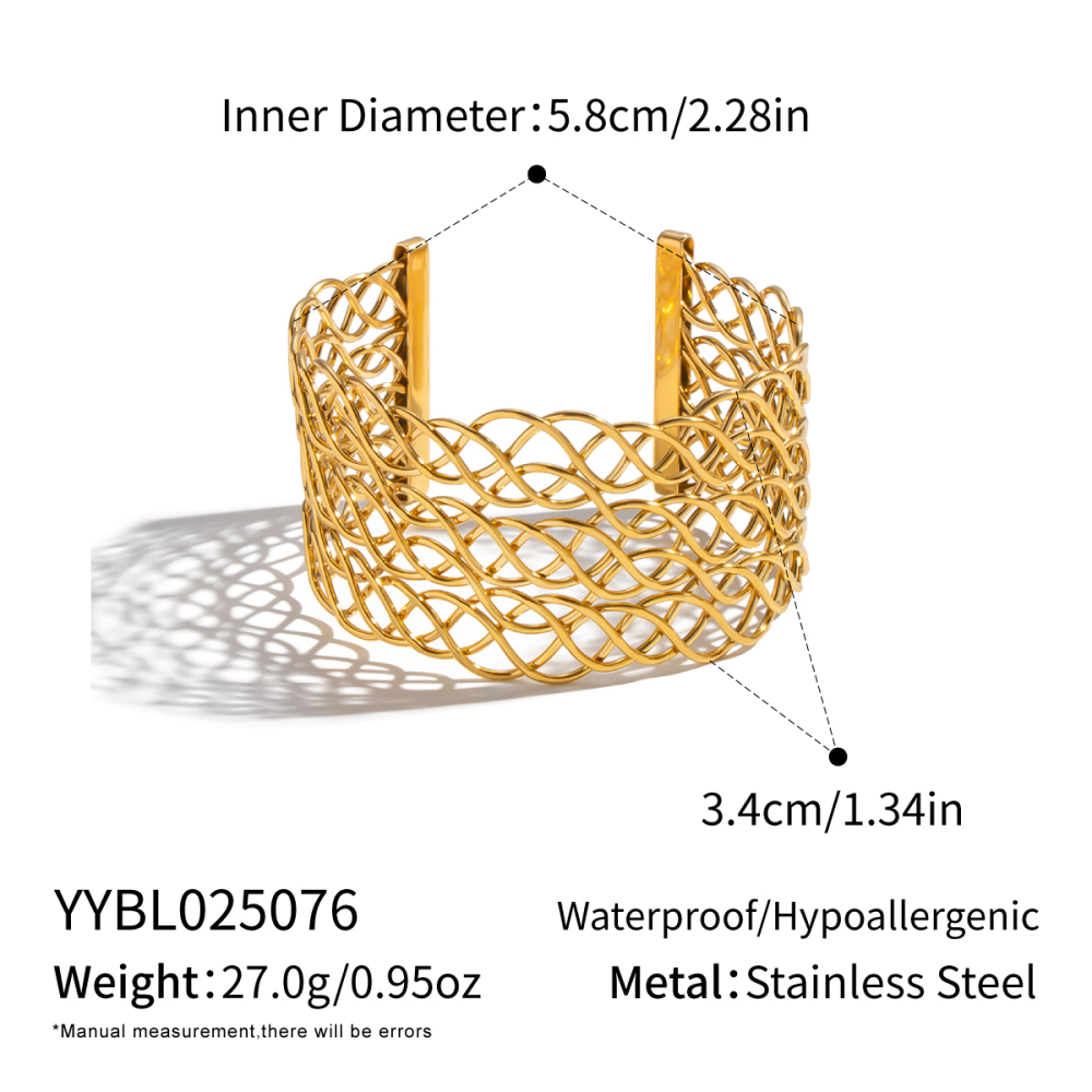 18K Gold Plated Geometric Wide Line Intersecting Hollow Bracelet Jewelry 304 Stainless Steel Waterproof Non-Fading Accessories