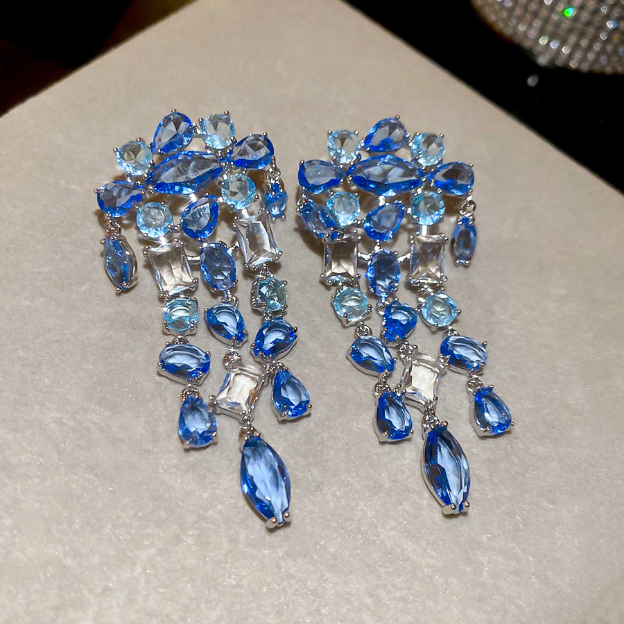 Fashionable Silver Needle Zircon Square Waterdrop Tassel Earrings Elegant Lightweight Luxury Feelings Women's Jewelry Accessories