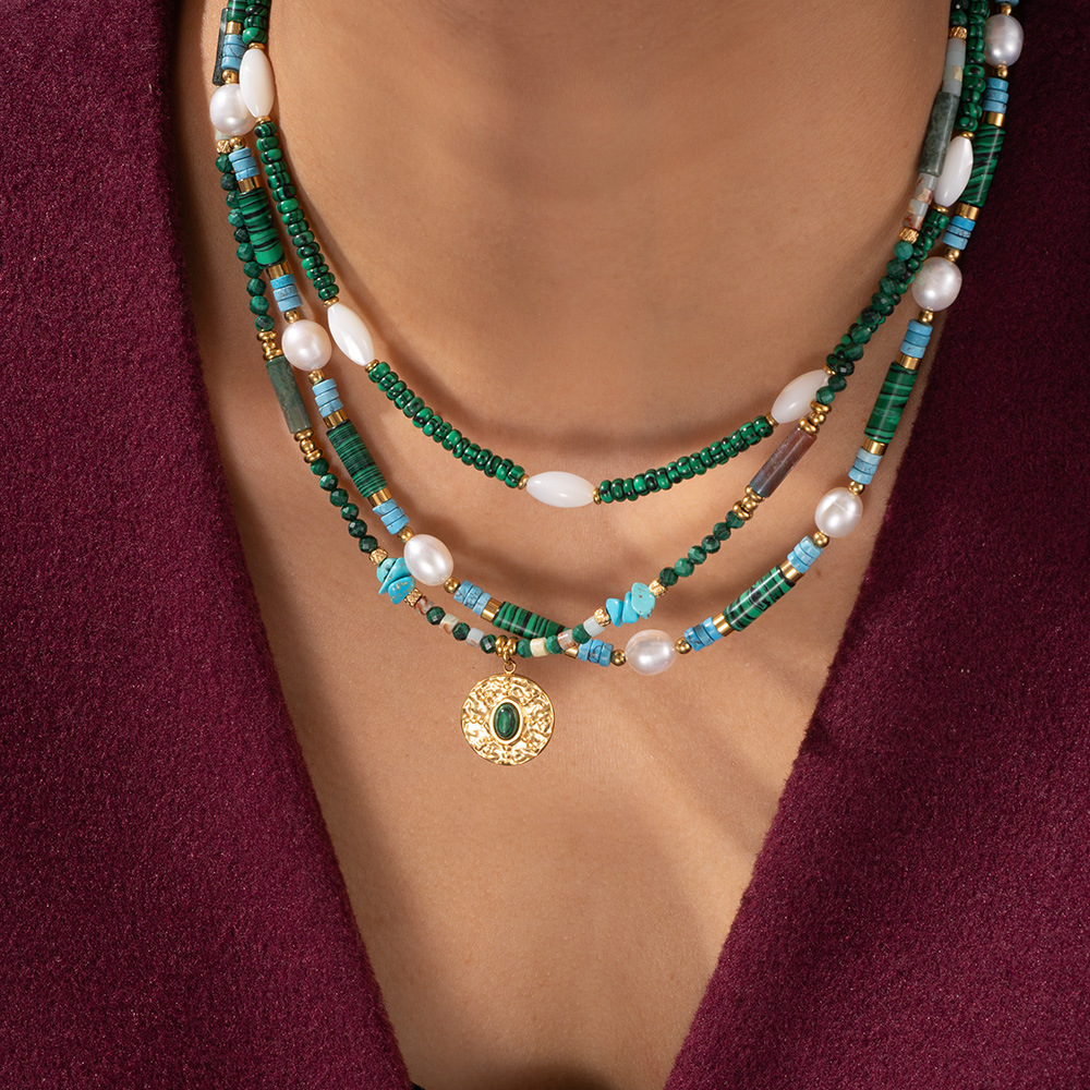 Vacation Classic Style Round Imitation Pearl Malachite Titanium Steel Beaded Chain Necklace In Bulk