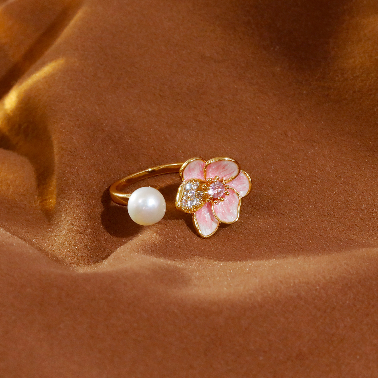 French Fairy Tale Style Floral Oil Drip Open Ring Women's Fashion Versatile Ring Bohemian Print Copper Zirconia Jewelry