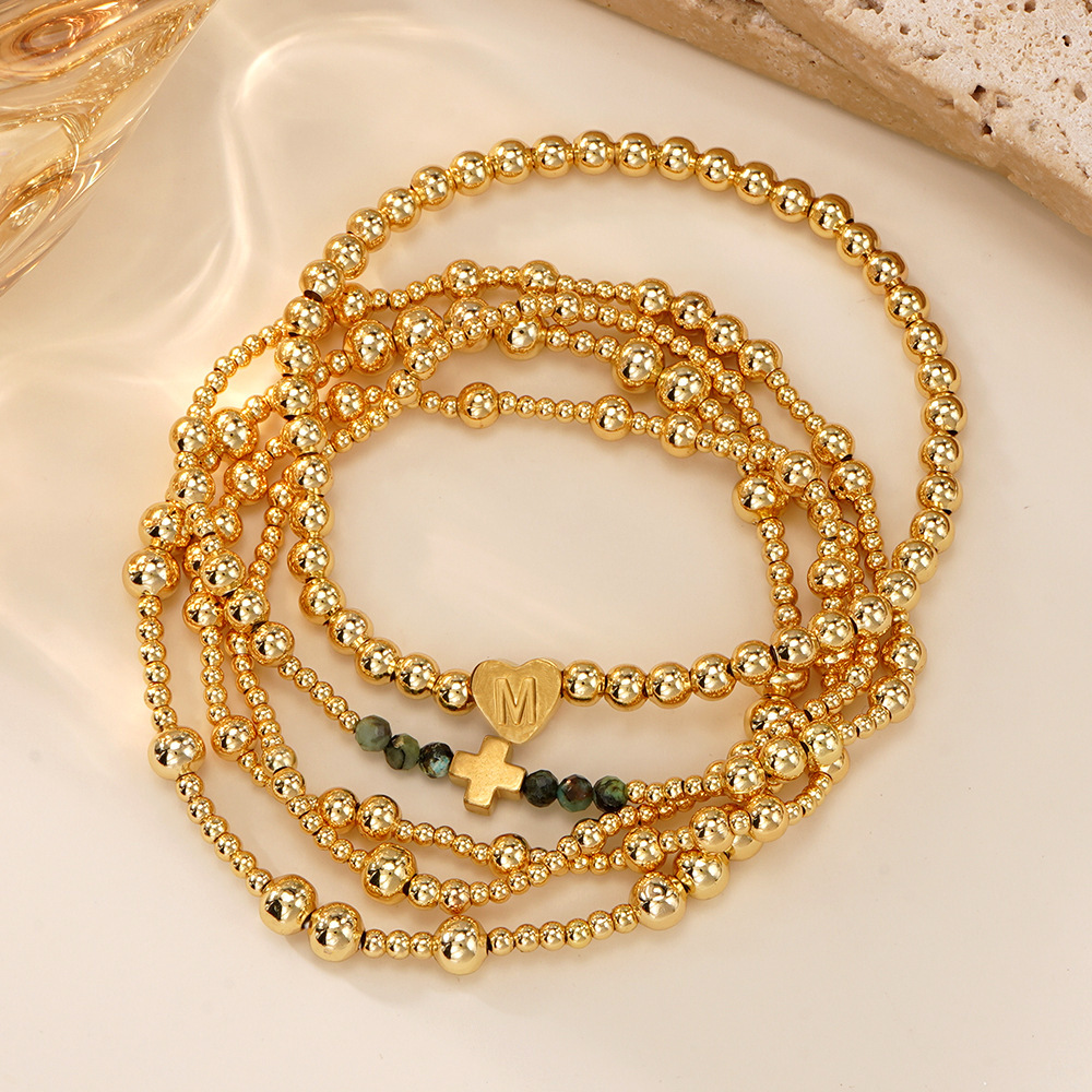 Luxurious Golden Heart Letter African Copper Beads Bracelet Set Of Five Facet Cut Loose Women's Fashion Jewelry Accessories