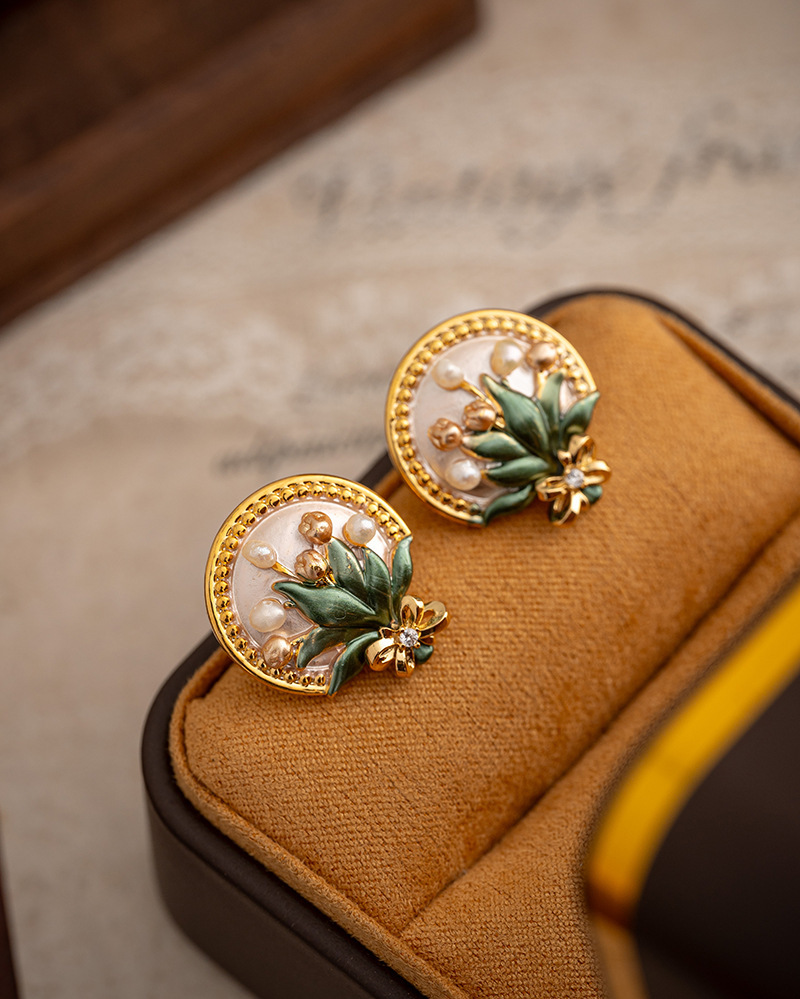 Baroque Pearl Flower Earrings Women Monet Garden Enamel Drip Glaze New Chinese Style Retro Drop Earrings Jewelry Accessories