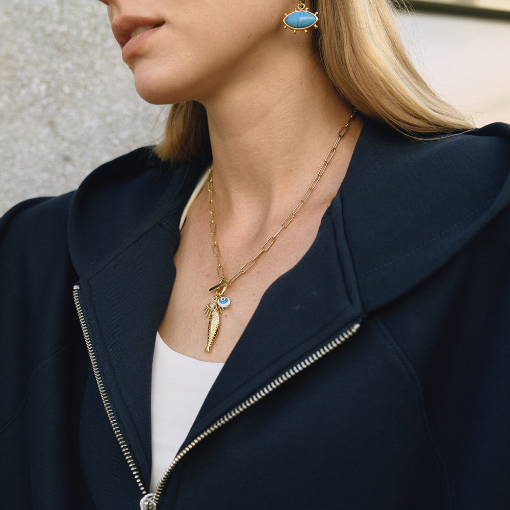 Women's Classic Style 18K Gold Stainless Steel + Resin + Rhinestone Devil's Eye With White Rhinestone + Fish With White Diamond + Resin Devil's Eye Pendant OT Clasp Necklace 45CM