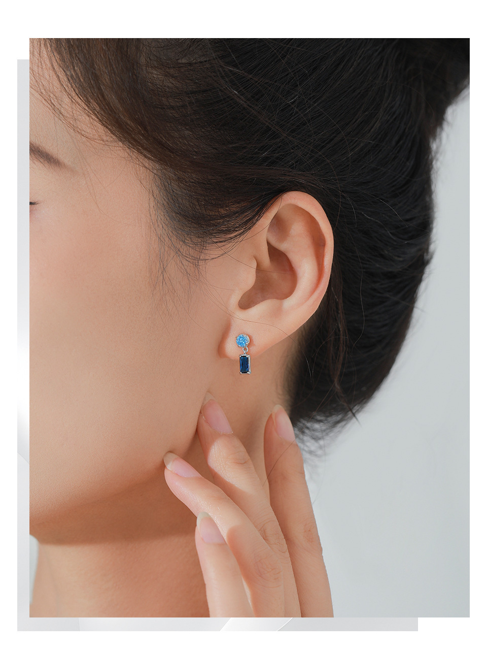 New S925 Sterling Silver Elegant Sapphire Square Round Diamond Ear Stud Necklace Ring Fashion Temperament Jewelry Suit