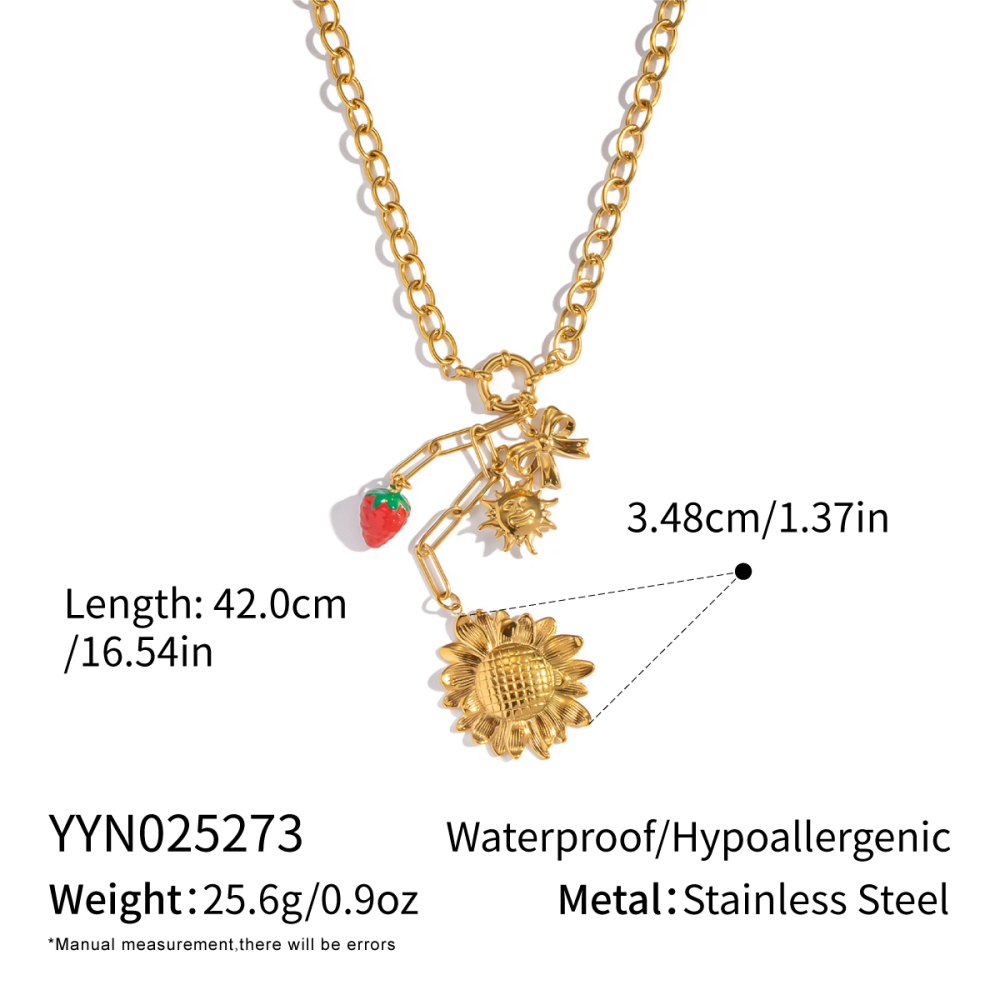 Elegant Gold Plated Sunflower And Strawberry Tassel Earrings And Necklace Set For Girls Romantic And Sweet Jewelry Accessories