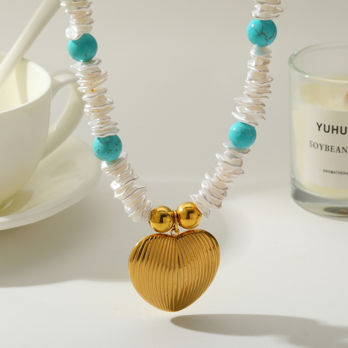 Stainless Steel 18K Gold Plated Imitation Pearl Heart Pendant Beaded Necklace Elegant Classical Women Style Jewelry Accessory
