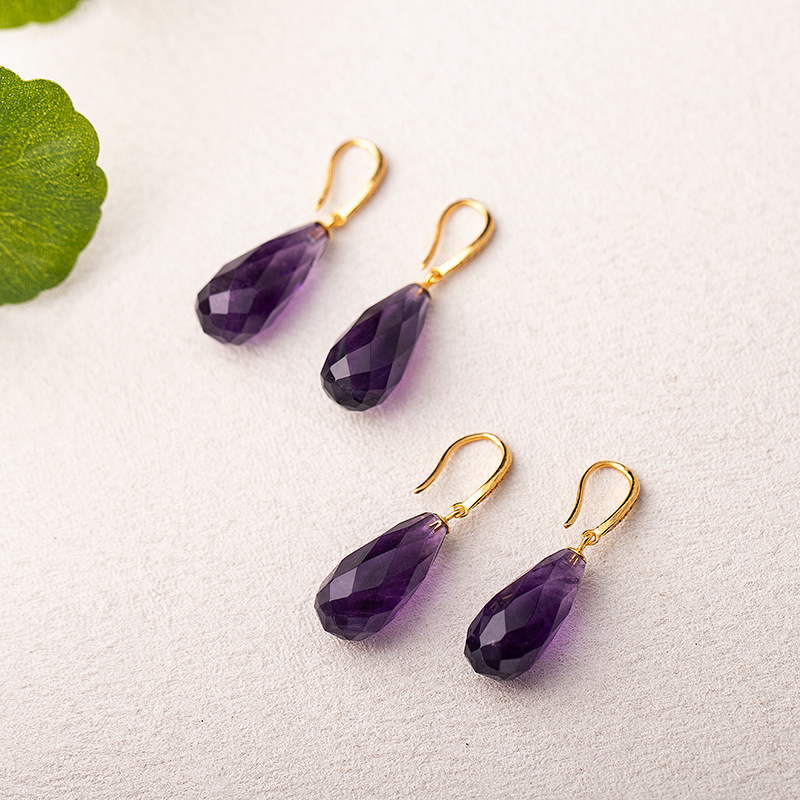 S925 Silver Gold Plated Natural Uruguay Purple Quartz Faceted Lotus Flower Ear Hook Dangle Women's Earrings Geometric Pattern