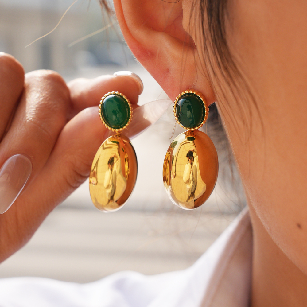 18K Gold Plated 304 Stainless Steel Vacuum Electroplated Vintage Oval Natural Stone Earrings Jewelry Women's Accessories Waterproof Non-Fading Three-Dimensional Design