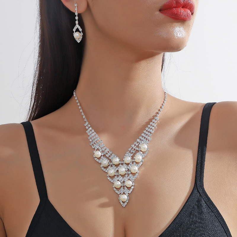 Pearl Rhinestone Necklace Earrings Set Wedding Party Dress Zinc Alloy Jewelry Accessories For Women