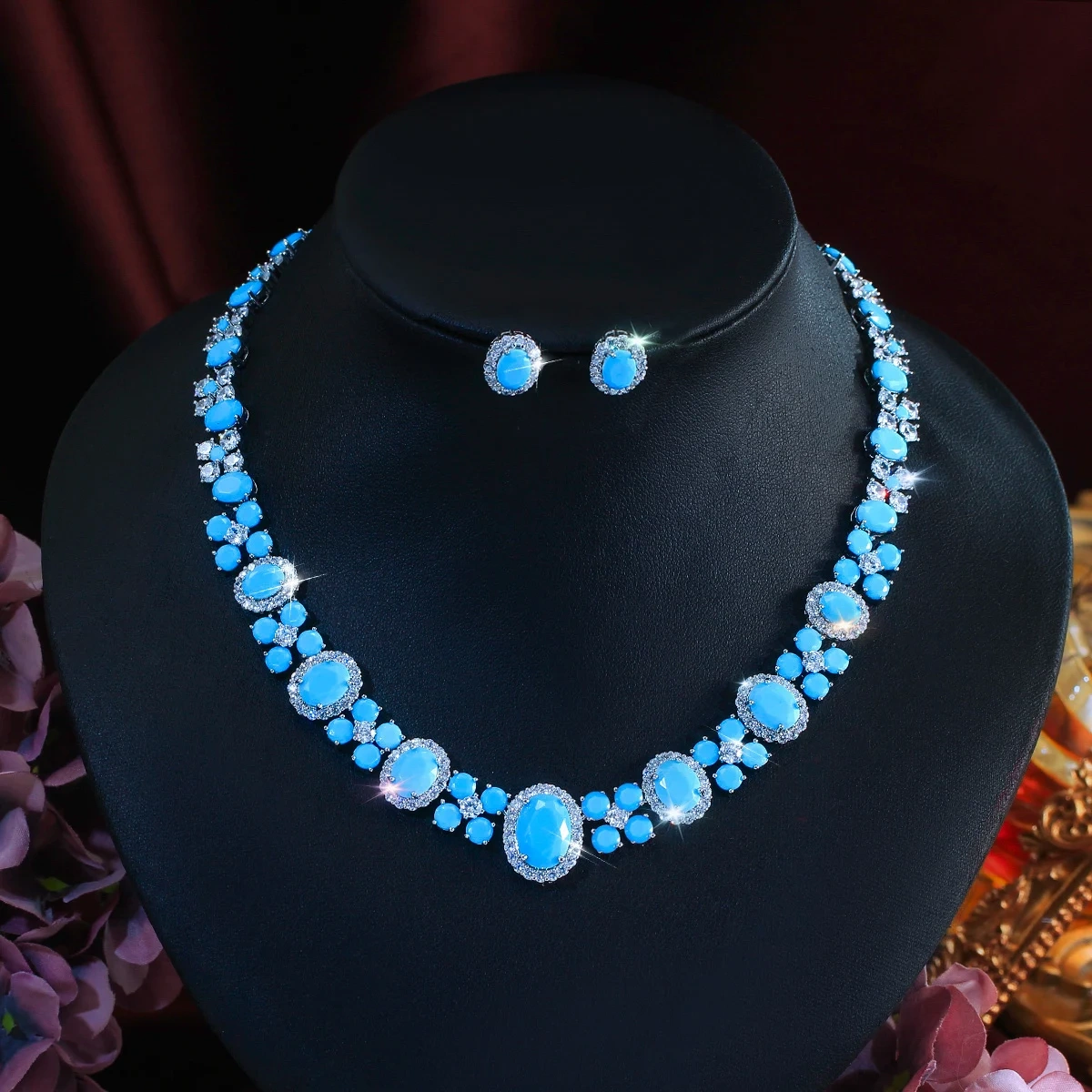 Water Plated White Gold Copper Material Inlaid Blue Turquoise/Zircon Women's Wedding Necklace Earring Set Two-Piece Set Palladium Plated
