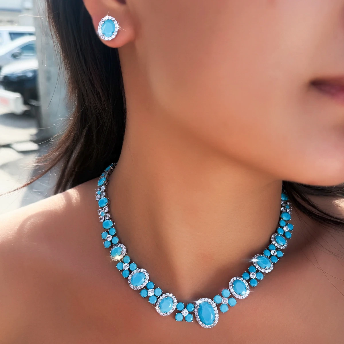 Water Plated White Gold Copper Material Inlaid Blue Turquoise/Zircon Women's Wedding Necklace Earring Set Two-Piece Set Palladium Plated