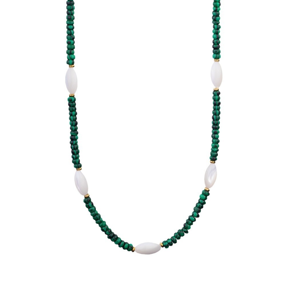 Vacation Classic Style Round Imitation Pearl Malachite Titanium Steel Beaded Chain Necklace In Bulk