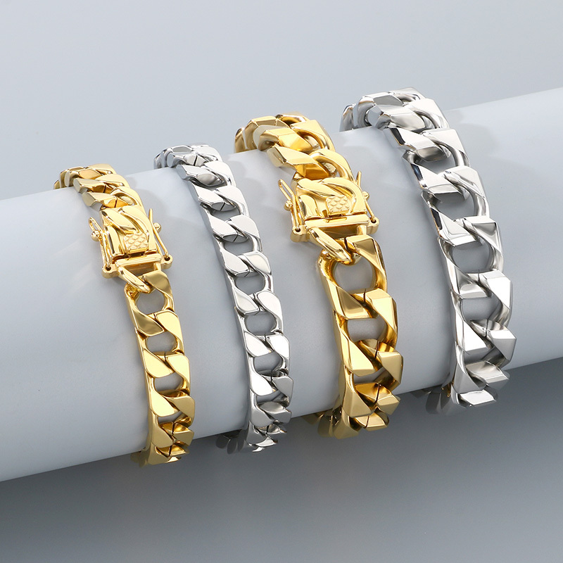 Trendy Titanium Steel Cuban Link Necklace Men's Simple Stainless Steel Jewelry Fashionable Geometric Pattern Vacuum Plated 18K Gold