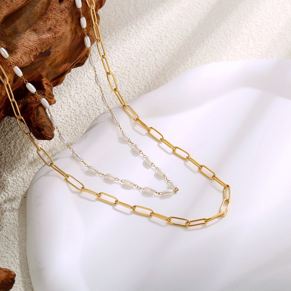 French Style Double Layer Beaded Necklace Set High Gloss Pearl Jewelry 18K Gold Plated Iron Solid Color Women's Accessories