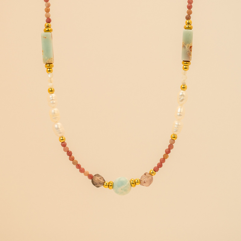 New Natural Stone Beaded Necklace Layered American Retro Jewelry Fashion French Vacation Fashion Women's Stainless Steel Material