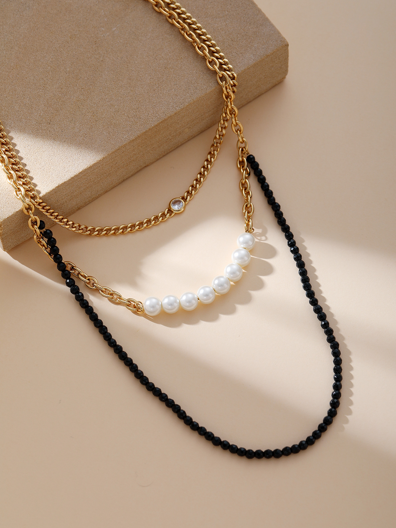 Personalized Design Crystal Imitation Pearl Stitching Titanium Steel Geometric Pattern Women's Necklace Jewelry Accessories