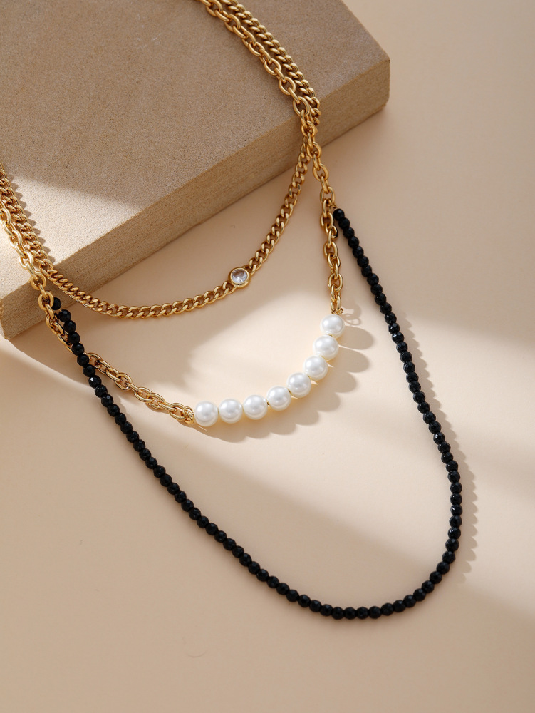 Personalized Design Crystal Imitation Pearl Stitching Titanium Steel Geometric Pattern Women's Necklace Jewelry Accessories