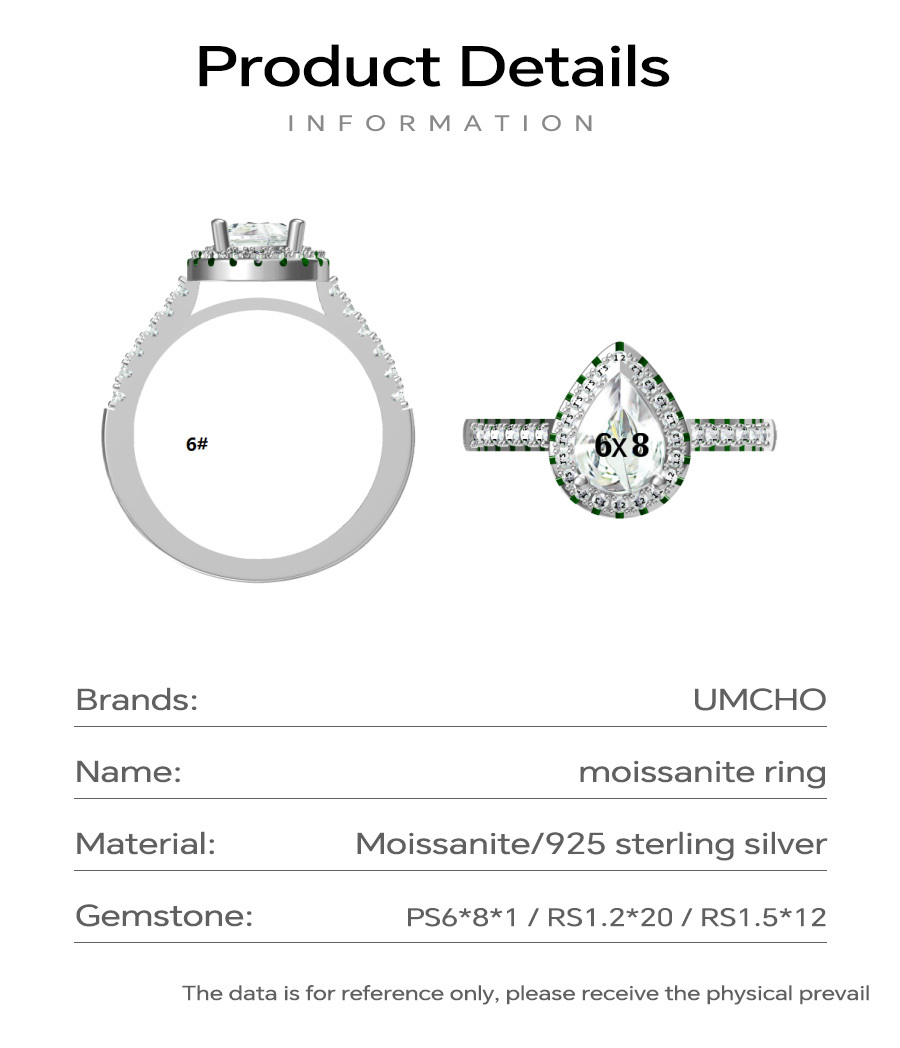 Custom Jewelry Wedding Engagement 925 Silver GRA 6*8mm VVS Pear Moissanite Ring Women