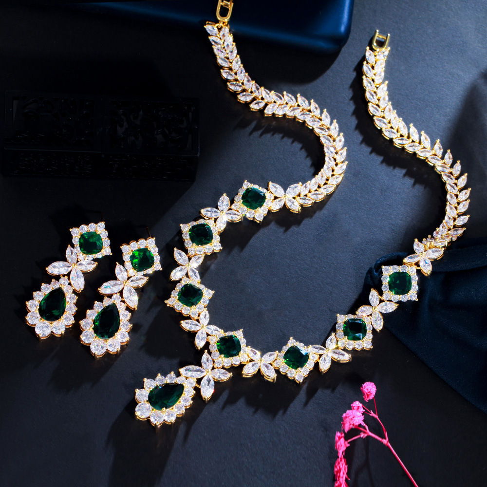Ruili Flower Zircon Necklace And Earrings Set For Women, Emerald Gemstone Wedding Dress Jewelry Accessories, Water Plating