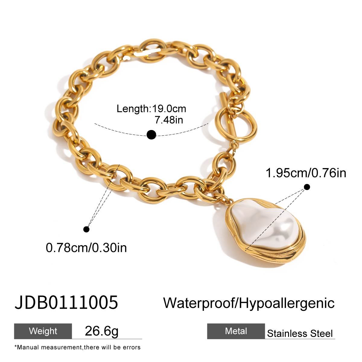 Women's 304 Stainless Steel Cable Chain PVD Coated 18K Gold Plated Toggle Inlay Irregular Pearl Bracelets Imitation Pearl Jewelry