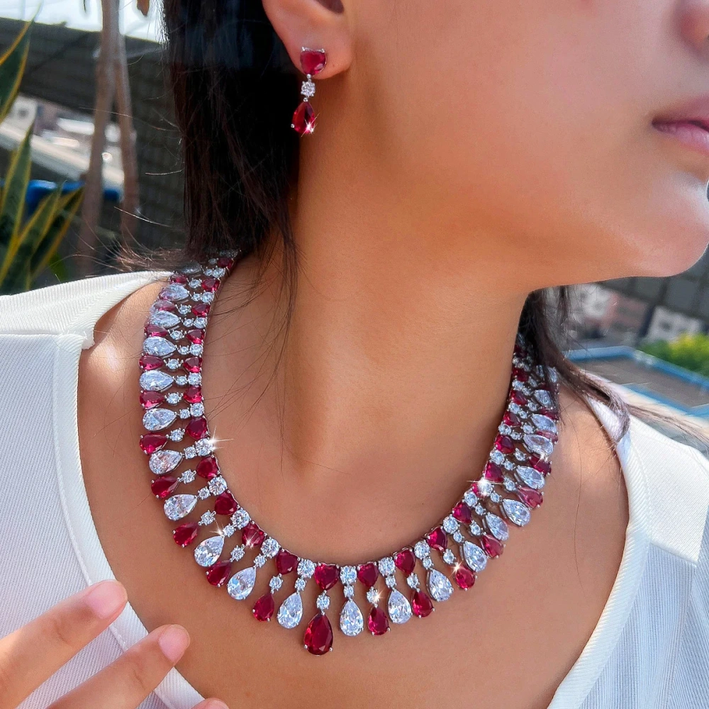 Water Plated White Gold Inlaid Red Cubic Zirconia Water Drop Shape Copper Material Women's Jewelry Set With Safety Clasp Tennis Chain (Full Diamond Chain)