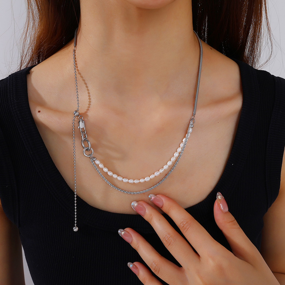 French Retro INS Style Freshwater Pearl Double Layer Necklace Stainless Steel Niche Design High-end Clavicle Chain For Women