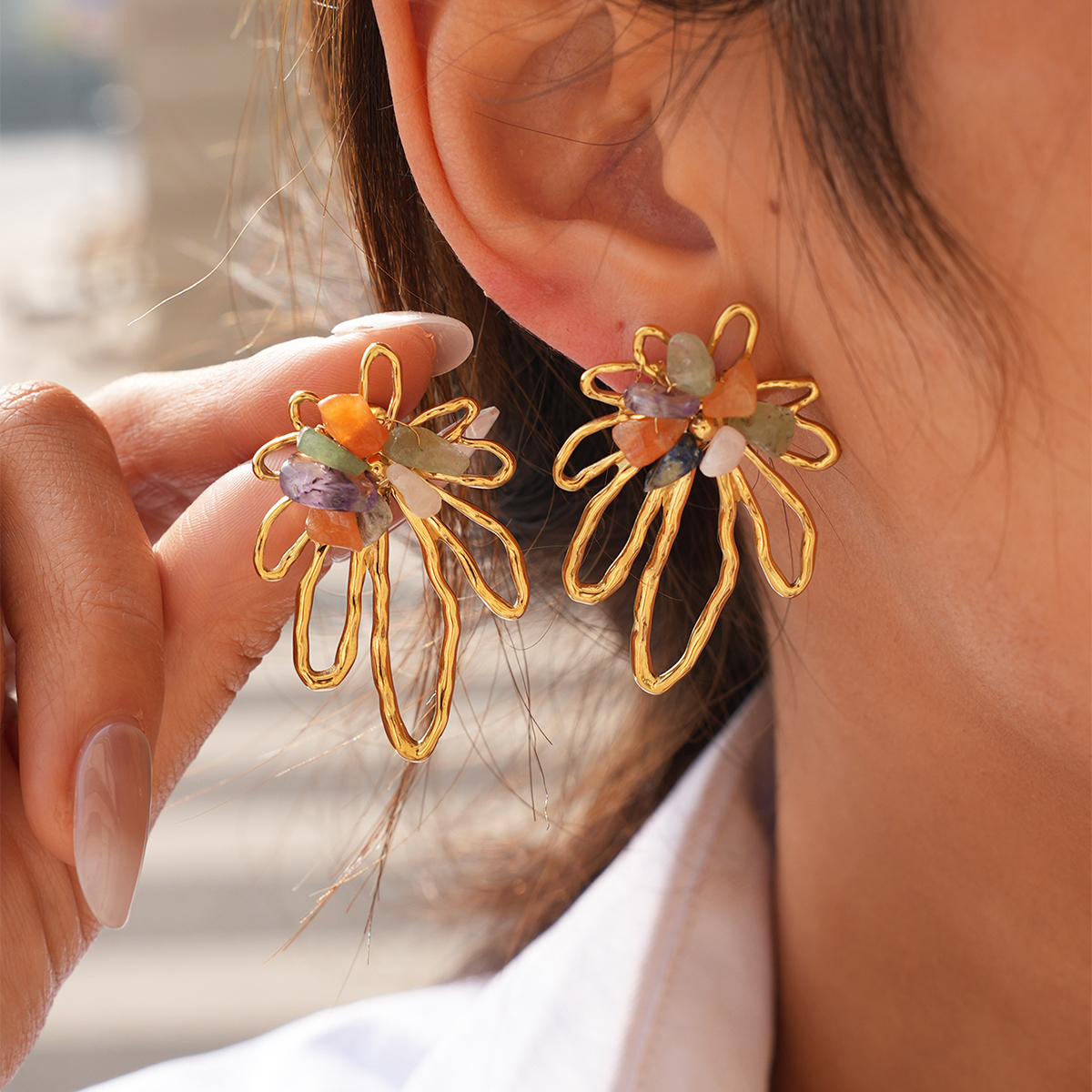 18K Gold Plated 304 Stainless Steel Vacuum Electroplated Natural Stone Geometric Asymmetric Three-Dimensional Women's Earrings Jewelry Accessories