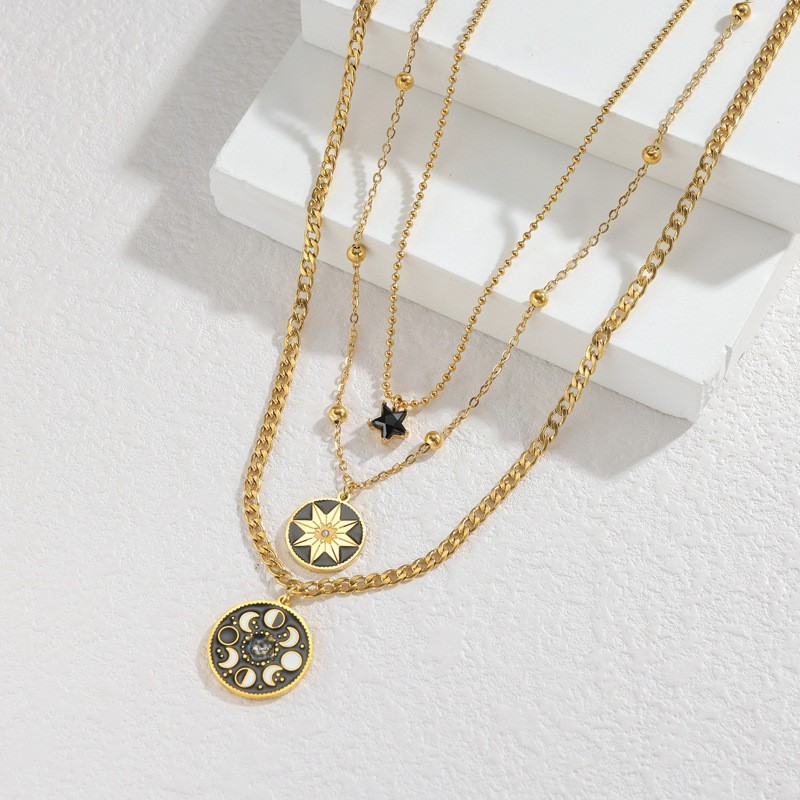 Vintage Multi-layer Starburst Sweater Chain Necklace For Women Stainless Steel Accessories Multi-layer Jewelry Pendant