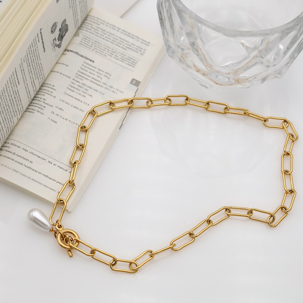 18K Gold OT Clasp Geometric Pearl Titanium Steel Women's Necklace With Round Plated Nylon Chain
