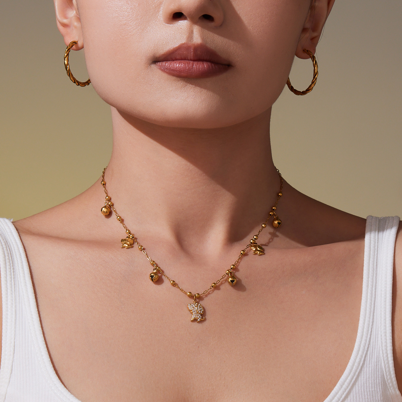 Stainless Steel 18K Gold Plated Zircon Dog Bell Shaped Bracelet Necklace Set Multi Accessories Jewelry For Women Simple Style