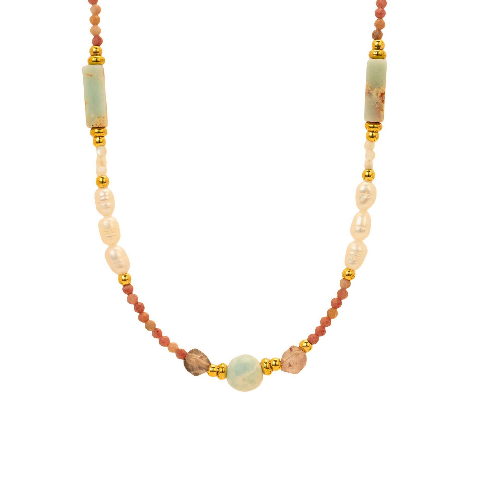 New Natural Stone Beaded Necklace Layered American Retro Jewelry Fashion French Vacation Fashion Women's Stainless Steel Material