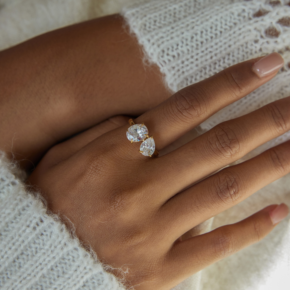 Women's Classic Style 18K Gold Stainless Steel + Zircon White Water Drop Zircon Ring Size 7