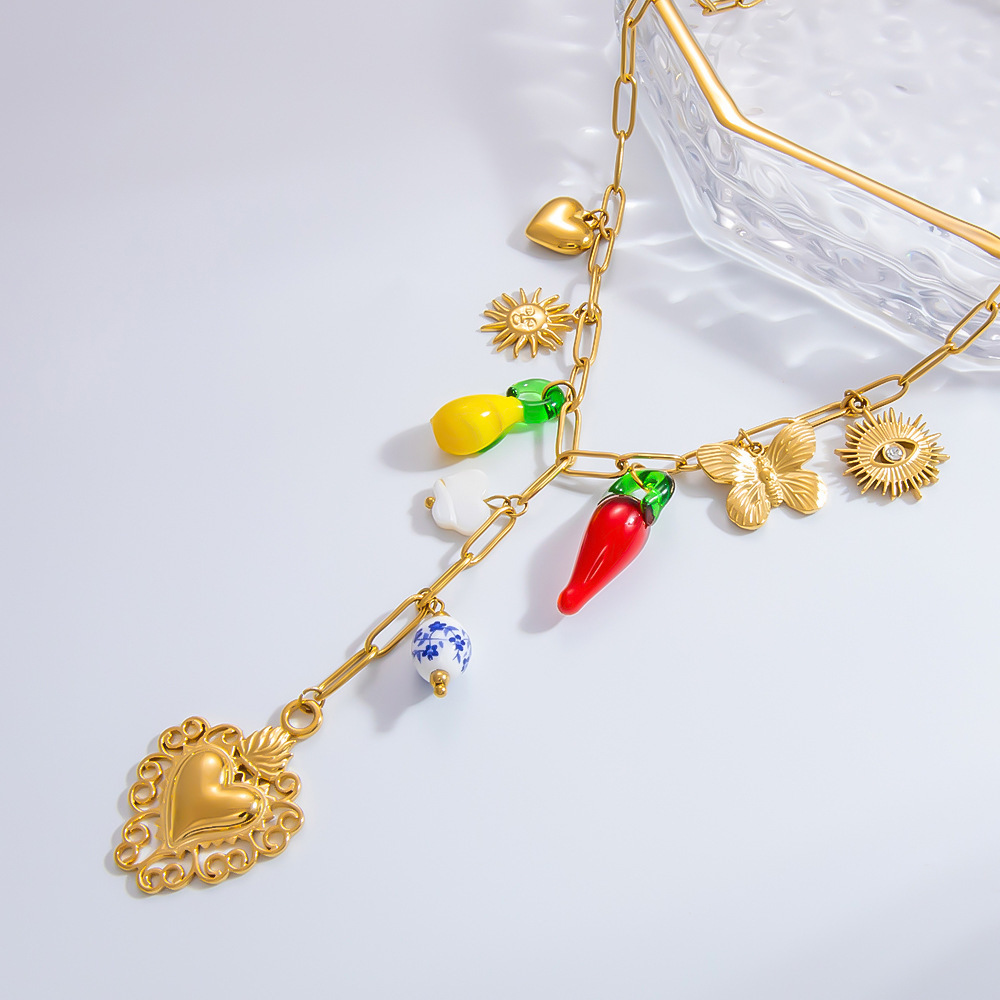 PVD Coated Real Gold Plated Sun Star Bow Knot 304 Stainless Steel Vintage Style Classic Style Waterproof Non Tarnish 304 Stainless Steel Multi Charms Necklace