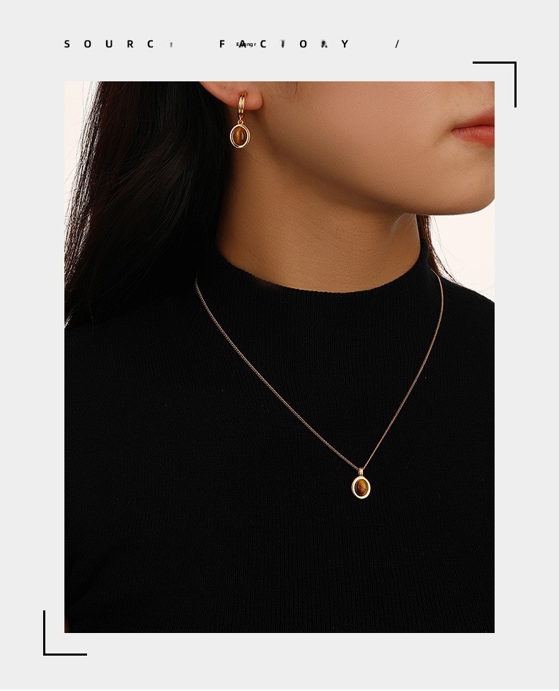 Elegant And Simple Tiger Eye Stone Necklace European And American Style Retro Geometric Pattern Women's Jewelry Gold Plated Accessories