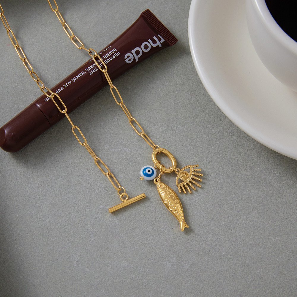 Women's Classic Style 18K Gold Stainless Steel + Resin + Rhinestone Devil's Eye With White Rhinestone + Fish With White Diamond + Resin Devil's Eye Pendant OT Clasp Necklace 45CM